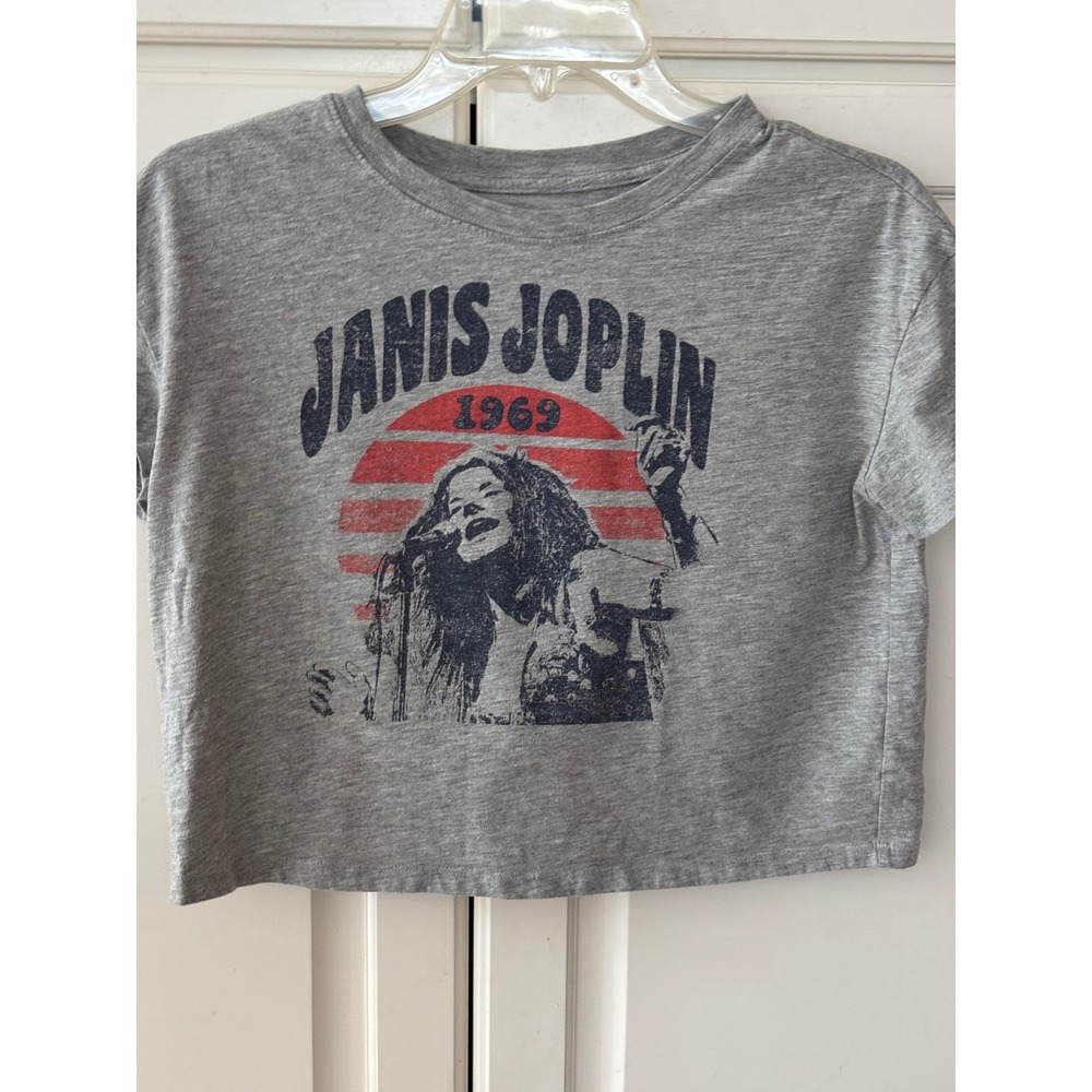 Janis Joplin 1969 Graphic Crop Top Heather Gray Rock Band T-Shirt Womens XS